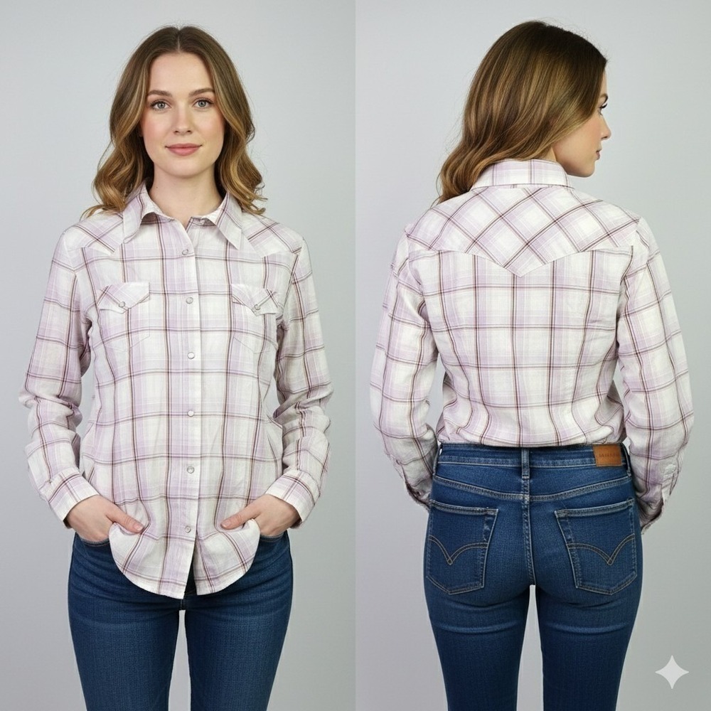 Wrangler Western Shirt Large L Purple Plaid Pearl Snap Long Sleeve Cotton Blend